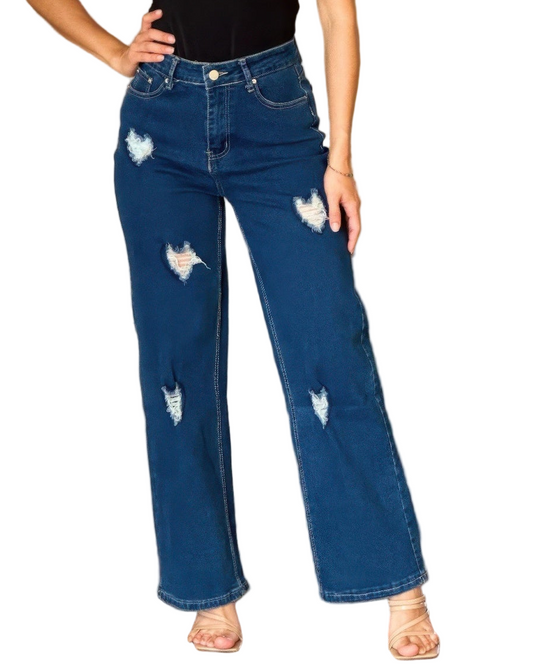 Jeans with Embroidered Distressed Hearts