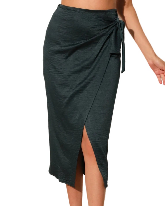 Washed Satin Crepe Side Wrap Midi Skirt
