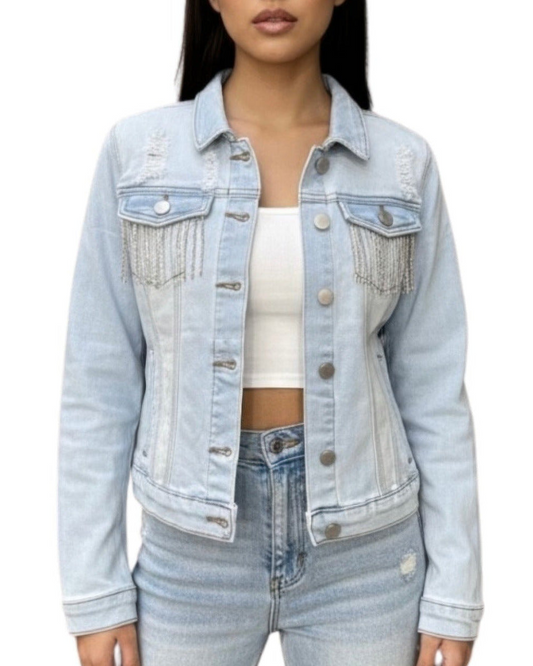 Distressed Jeans Jacket With Rhinestone Fringe