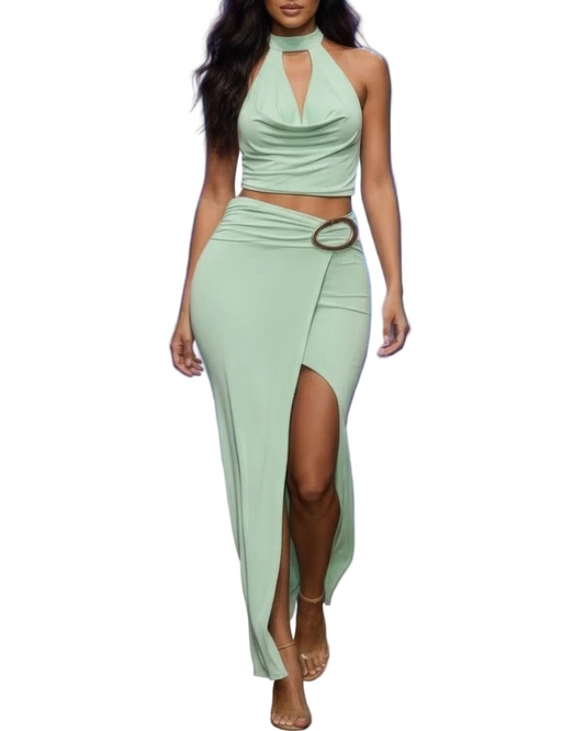 Halter Neck Scarf Top & Skirt Set - 2 color options