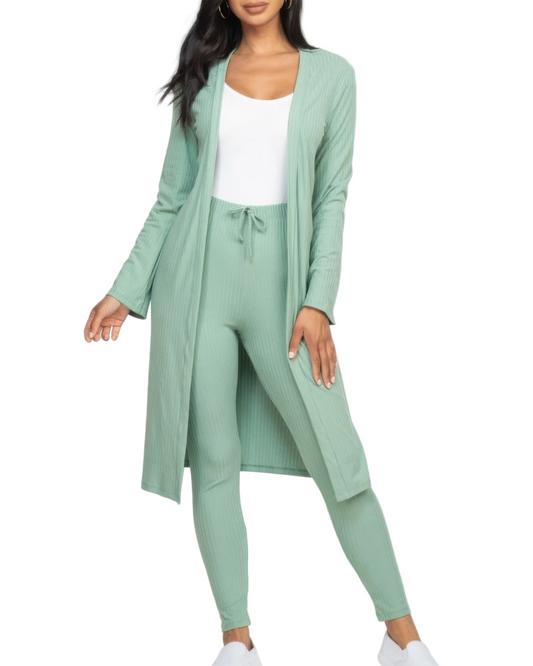 Ribbed Long Cardigan & Leggings Set - 16 color options