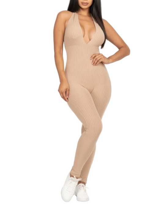 Halter V Neck Ribbed Jumpsuit - 11 color options