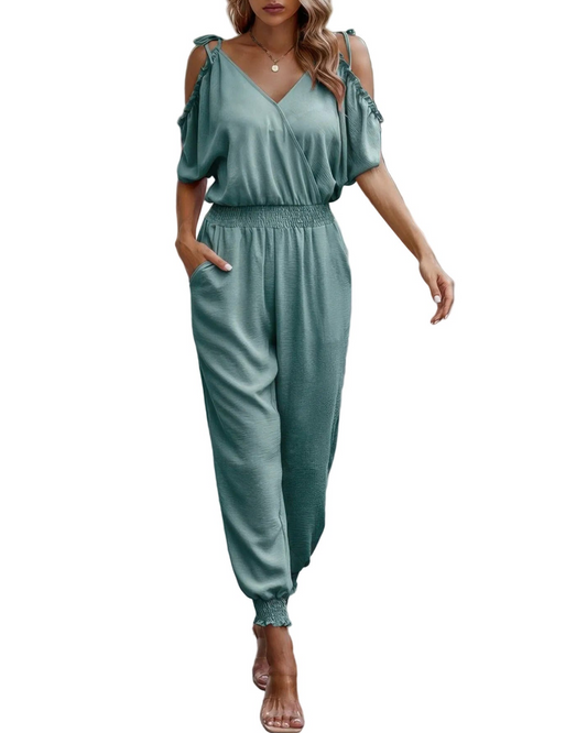 Wrap V Neck Cold Shoulder Jumpsuit - 10 color options